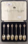 Six cased silver spoons depicting kings and queens of England