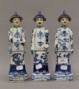 A set of three Chinese blue and white porcelain figures