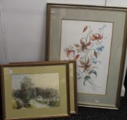 A large Still Life of Lilies, watercolour, signed; together with a pair of Rural Scenes,