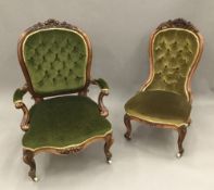 A Victorian carved walnut framed upholstered button back open armchair and another similar nursing