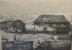 GARY BARRETT (?) (20th century) British, Farmstead, embellished print, signed, framed and glazed,