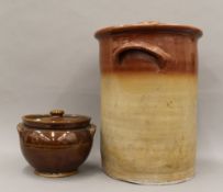 An antique stoneware churn and a stoneware crock