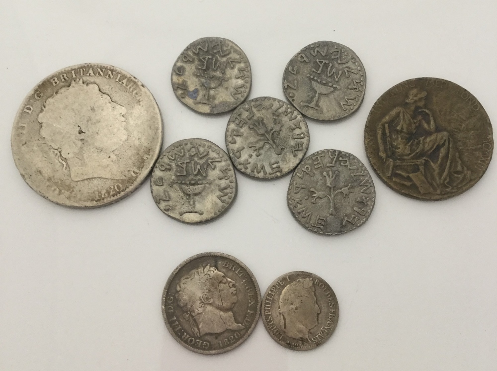 A Georgian silver crown and other coins