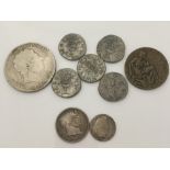 A Georgian silver crown and other coins