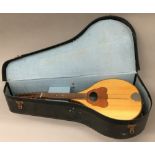 A cased mandolin