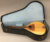 A cased mandolin