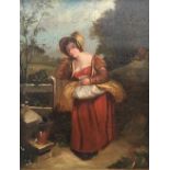 An oil on board depicting an 18th century Farm Girl,