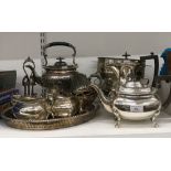 A quantity of silver plated wares, including tea sets, tray, etc.