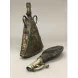 An Eastern copper and brass powder flask,