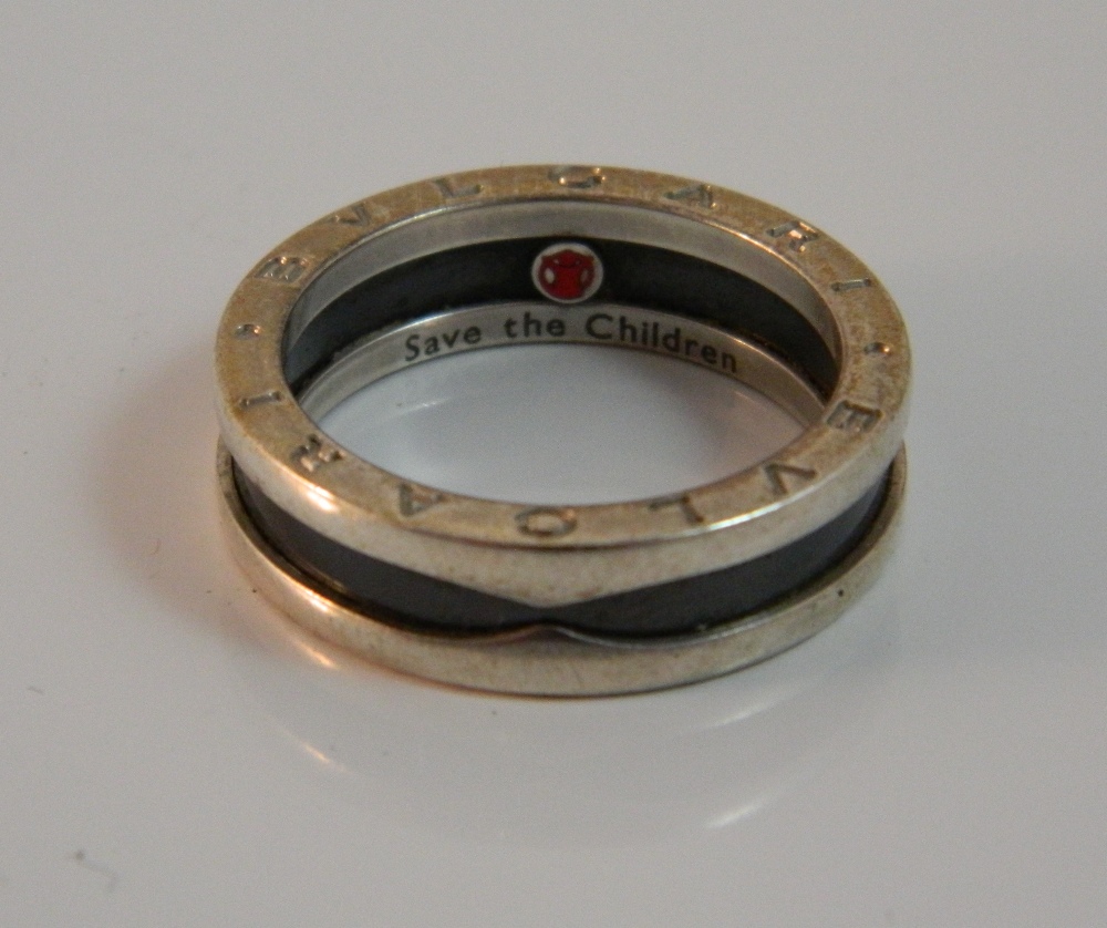 A Bulgari silver and black enamel ring