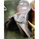 A leather horse saddle