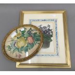 An oval framed Victorian floral watercolour and a floral print