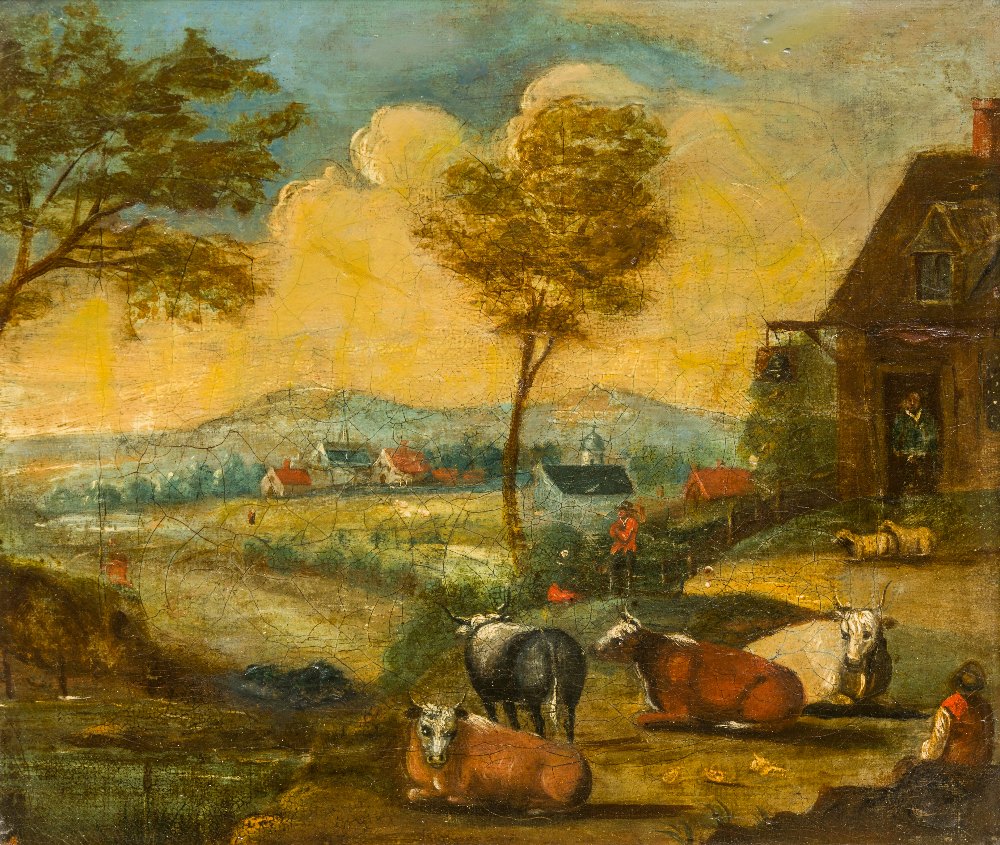 CONTINENTAL SCHOOL (18th century), Herdsmen and Cattle at Rest Before a Tavern, oil on canvas,