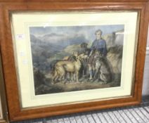 A 19th century maple framed print, Scottish Boy with Hounds,