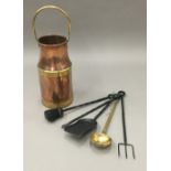 A brass copper pail and fire irons