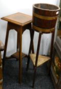 A copper bound oak jardiniere and an oak plant stand