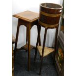 A copper bound oak jardiniere and an oak plant stand