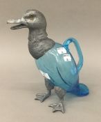 A vintage French blue glass claret jug formed as a duck