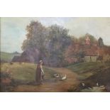 A 19th Century oil on canvas, Feeding the Ducks, indistinctly signed,