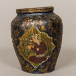 An antique Persian metal vase, polychrome decorated with figural vignettes within scroll vines,