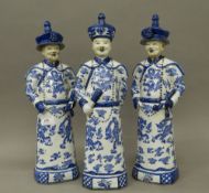 A set of three Chinese porcelain blue and white figures