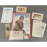 A collection of various ephemera, silk, postcards, etc.