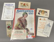 A collection of various ephemera, silk, postcards, etc.