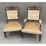 A pair of Victorian (his and hers) upholstered button back chairs