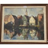 Townscape Reflections in a River, oil on canvas, indistinctly signed RAYDEN,