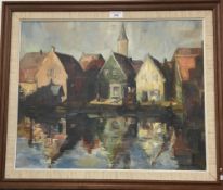 Townscape Reflections in a River, oil on canvas, indistinctly signed RAYDEN,