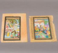 Two 19th century Persian illuminated manuscript pages Each figurally decorated with borders of