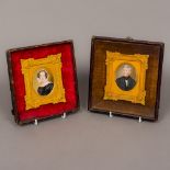 A pair of Victorian miniature portraits on ivory One depicting a young lady wearing a brooch and a