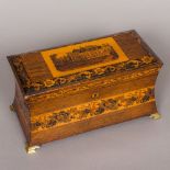 A Victorian Tunbridgeware tea caddy Of waisted rectangular form,