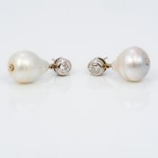 A pair of diamond and pearl set drop earrings The diamonds each spreading to just under 0.5 carat.