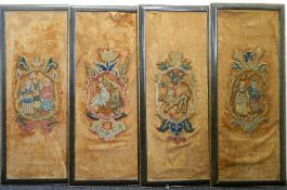 Four 18th/19th century embroidered silk panels Two centred with figural vignette crestings,