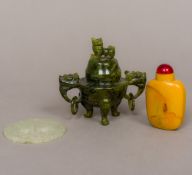 A small Chinese spinach green jade censer and cover Of typical form,