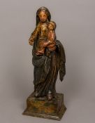 A 17th/18th century painted carved wooden figure of the Madonna and Child Modelled standing on a
