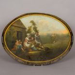 A 19th century twin handled galleried toleware tray Painted to the centre with figures before a