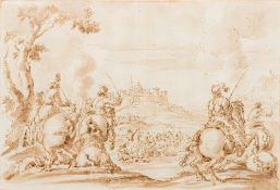 OLD MASTER SCHOOL Soldiers on Horseback Joining a Battle Before a Castle Pen and ink sketch,