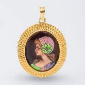 A 14 ct gold pendant Set with a Limoges enamel panel depicting the bust of a young lady;