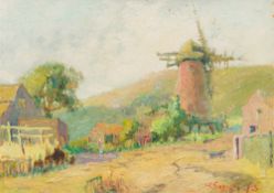 Possibly RUSSIAN SCHOOL (20th century) Farmstead with a Windmill Beyond Oil on board,