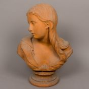 A Victorian terracotta bust modelled as a young girl Mounted on a socle base,