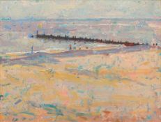 Attributed to RAYMOND ROGERS (born 1958) British Lowestoft Beach Oil on board, framed. 26.