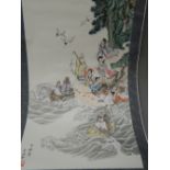 A Chinese scroll painting Depicting various immortals amongst clouds,