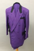 A purple cotton/linen double breasted suit With contrasting black collar and pocket flaps and