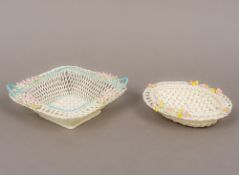 A Belleek twin handled porcelain basket Of lozenge form,