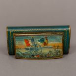 A French painted wooden snuff box The hinged lid decorated with a tricolor and a cockerel on a