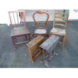 19th C country style elm chair with solid seat, similar rush seated chair, a Victorian mahogany