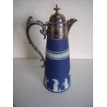 Wedgwood Blue Jasperware claret style jug with silver plated top and loop handle with hinged