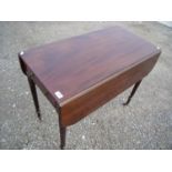 19th C mahogany Pembroke style table with single drawer and faux drawer, on tapering fluted & turned
